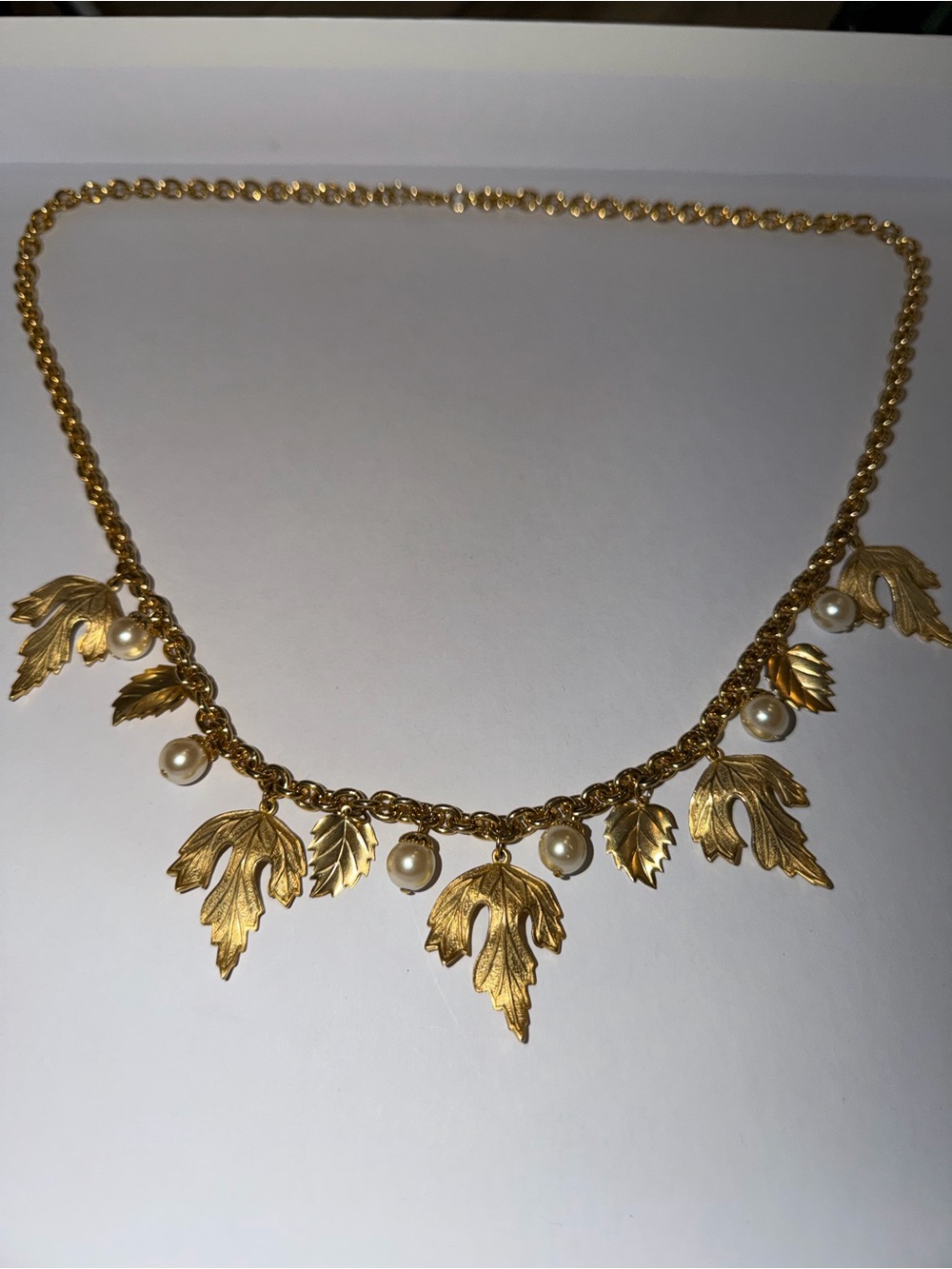 Vintage Gold-Tone Long Charmed Leaves & Faux Pearl Long Necklace